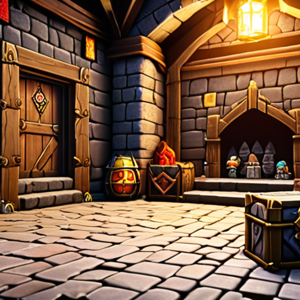 Daily Dungeon**
A vibrant scene inside a Daily Dungeon. Heroes are battling comical-looking monsters made of various materials (stone, wood, etc.). Bright, colorful environment with treasure chests scattered around. Focus on the action and the variety of materials used to create the monsters. Include UI elements suggesting reward drops and the dungeon's daily theme.
**