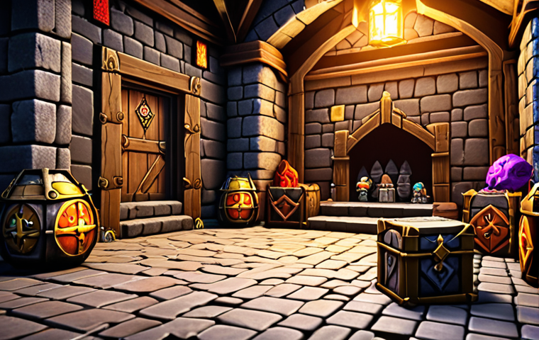 Daily Dungeon**
A vibrant scene inside a Daily Dungeon. Heroes are battling comical-looking monsters made of various materials (stone, wood, etc.). Bright, colorful environment with treasure chests scattered around. Focus on the action and the variety of materials used to create the monsters. Include UI elements suggesting reward drops and the dungeon's daily theme.
**