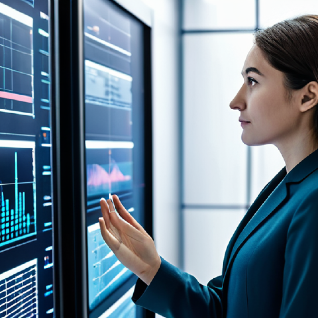 A focused data analyst, wearing a modest business suit and professional dress, stands in a sleek, modern server room. They are intently examining a large, translucent holographic display showing complex abstract data visualizations, representing evolving strategic patterns and future trends. The scene emphasizes foresight and analytical depth. Fully clothed, appropriate attire, safe for work, perfect anatomy, correct proportions, natural pose, well-formed hands, professional photography, high quality, family-friendly content.