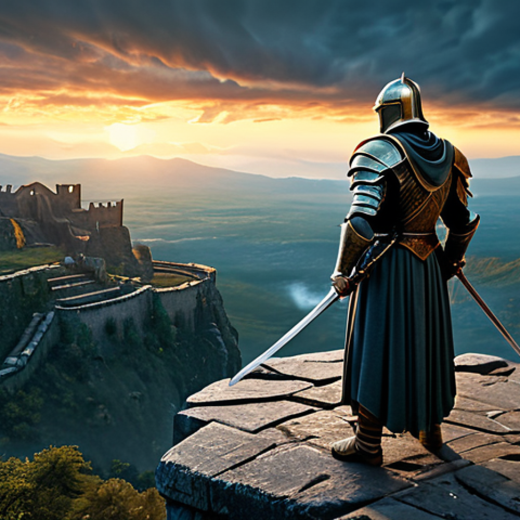 A majestic knight in gleaming, protective fantasy armor stands alone on a precipice overlooking a sprawling, ancient fantasy kingdom at dusk. The sky is filled with swirling mystical clouds. Intricate ancient ruins are scattered across the landscape below, hinting at a deep history. The knight holds a large, ornate sword, gazing purposefully into the distance with a determined and heroic expression. Professional cinematic fantasy art, highly detailed, epic scale, volumetric lighting, rich colors, safe for work, appropriate content, fully clothed, modest clothing, professional dress, perfect anatomy, correct proportions, natural pose, well-formed hands, proper finger count, natural body proportions, family-friendly.