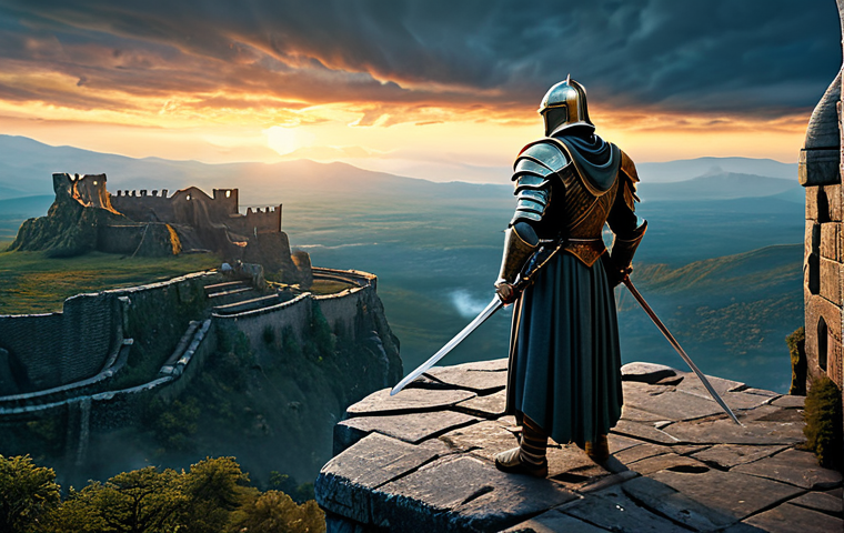 A majestic knight in gleaming, protective fantasy armor stands alone on a precipice overlooking a sprawling, ancient fantasy kingdom at dusk. The sky is filled with swirling mystical clouds. Intricate ancient ruins are scattered across the landscape below, hinting at a deep history. The knight holds a large, ornate sword, gazing purposefully into the distance with a determined and heroic expression. Professional cinematic fantasy art, highly detailed, epic scale, volumetric lighting, rich colors, safe for work, appropriate content, fully clothed, modest clothing, professional dress, perfect anatomy, correct proportions, natural pose, well-formed hands, proper finger count, natural body proportions, family-friendly.