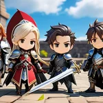 세븐나이츠 캐릭터 인기 순위 - A group of adorable, chibi-style (SD) heroes from "Seven Knights Rebirth" standing confidently in a ...