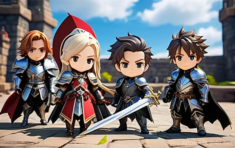 세븐나이츠 캐릭터 인기 순위 - A group of adorable, chibi-style (SD) heroes from "Seven Knights Rebirth" standing confidently in a ...
