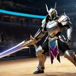 세븐나이츠 아이템 효율 분석 - A dynamic, action-packed scene featuring the Seven Knights Rebirth hero 'Colt' in an arena. Colt, a ...