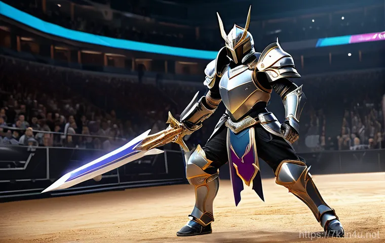 세븐나이츠 아이템 효율 분석 - A dynamic, action-packed scene featuring the Seven Knights Rebirth hero 'Colt' in an arena. Colt, a ...